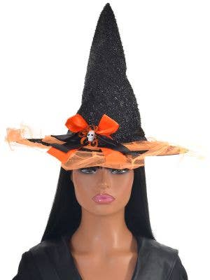 Image of Sparkly Black and Orange Witch Hat with Bow
