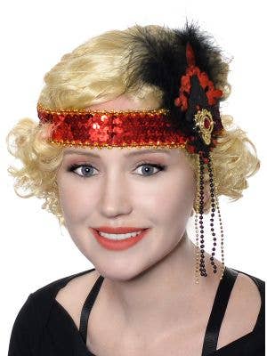 Women's Deluxe Red and Black Flapper Headband with Sequins and Glitter - Main Image