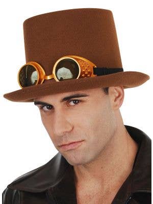 Brown Steampunk Costume Top Hat with Bronze Goggles 
