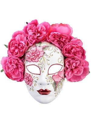 Deluxe Full Face White Masquerade Mask with Pink Flowers