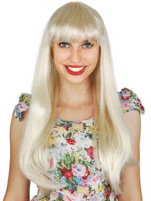 Womens Long Blonde Costume Wig with Bangs