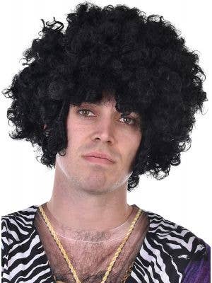 Mens 1970s Dress Up Black Afro Costume Wig with Chops - Main Image