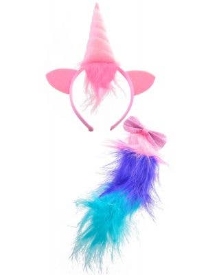 Pink purple and blue unicorn headband and tail costume accessory set - main image