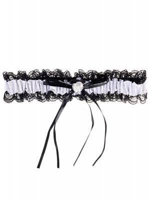 Black and White Satin Garter with Lace Trim and White Jewel
