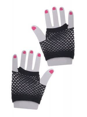 Black Fishnet Short Fingerless 80s Costume Gloves - Main Image