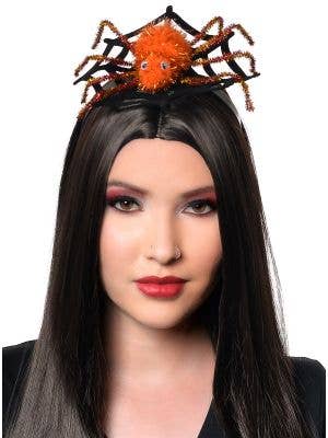 Orange Sparkly Spider Headband with Black Spider Web