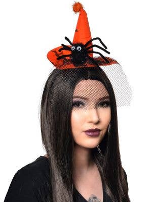Orange Mini Witch Hat Headband with Spider and Black Veil