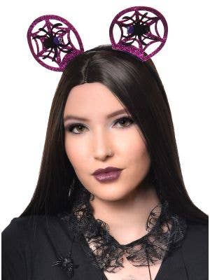 Pink Glitter Spider Web and Spider Round Ears Costume Headband