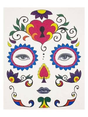 Purple and Red Hearts and Flowers Day of the Dead Sugar Skull Temporary Face Tattoos - Main Image