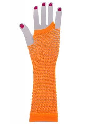 Women's Orange Fishnet Fingerless 80s Costume Gloves - Main Image