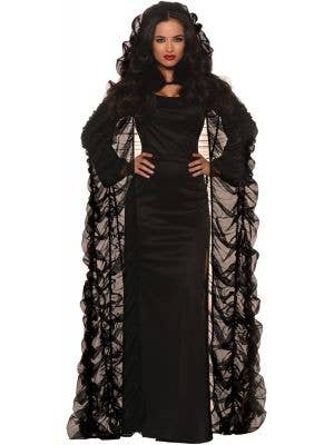 Ruched Black Tulle Women's Halloween Hooded Coffin Cape - Main Image