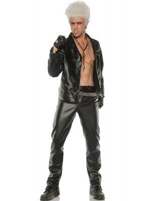 Rebel Punk Billy Idol Black Leather Look Mens 90s Fancy Dress Costume