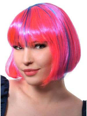 Image of Neon Pink Women's Bob Costume Wig with Blue Streaks