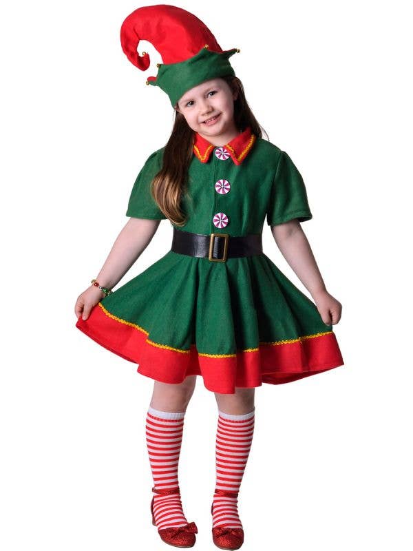 Image of Festive Green Christmas Elf Girl's Dress Up Costume - Main Image