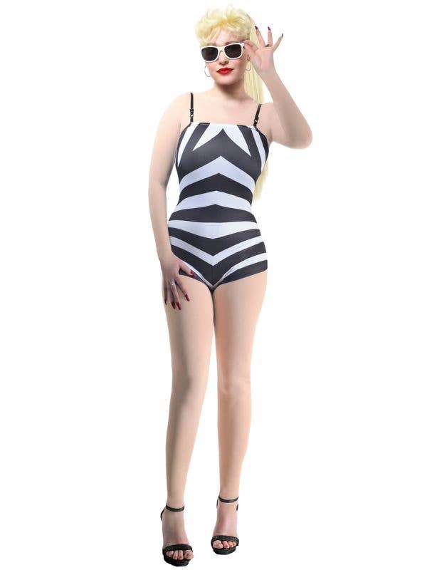 Image of Iconic Striped Barbie Bathing Suit Women's Costume - Front View