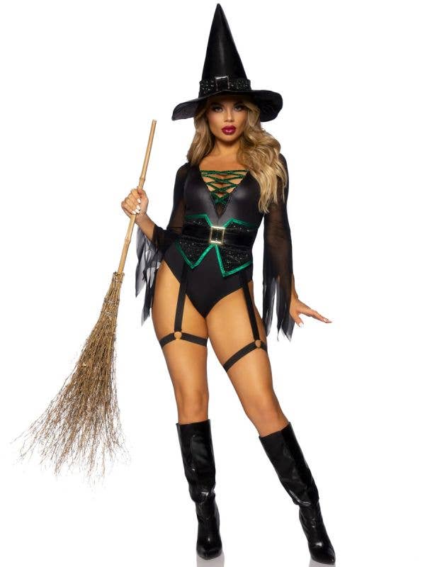 Image of Broomstick Babe Women's Sexy Witch Halloween Costume - Front View