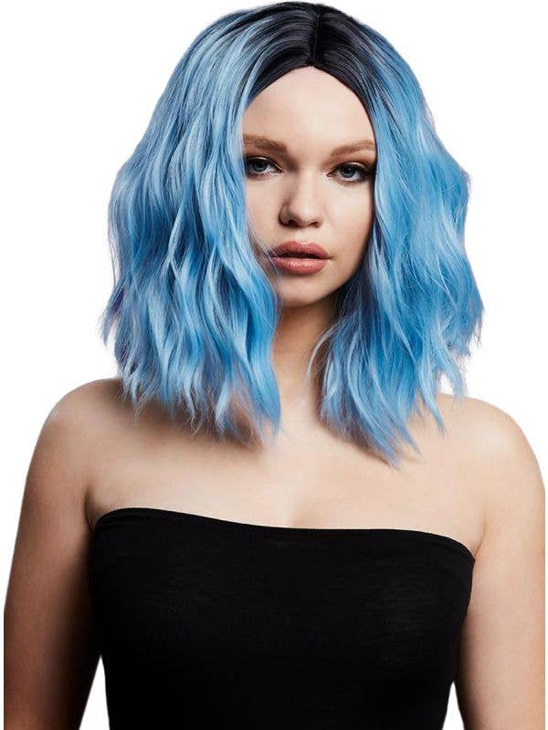 Image of Wavy Blue Women's Costume Wig with Dark Roots