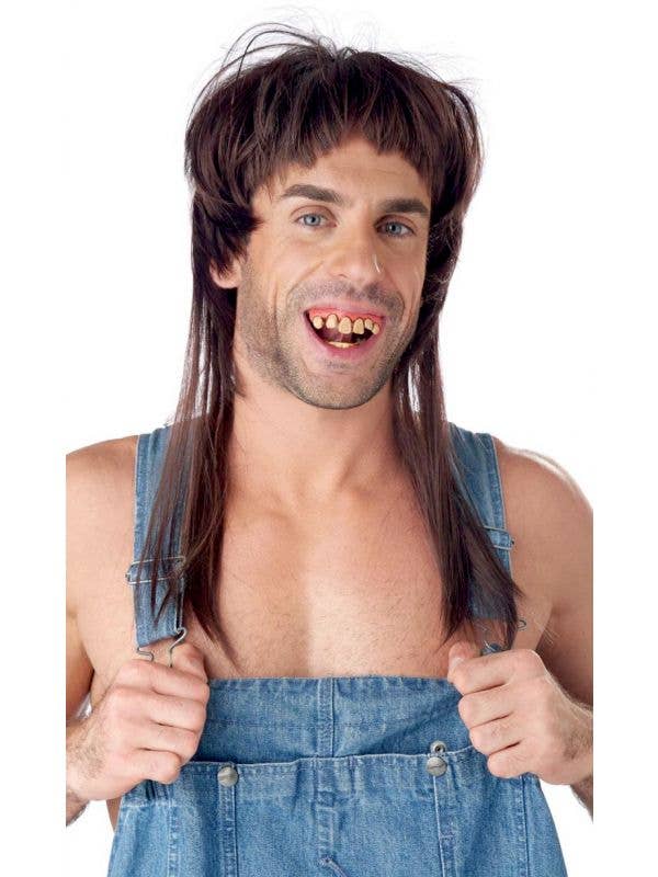Men's Brown Hillybilly Bogan Mullet Costume Wig and Teeth Accessory Set Front Image