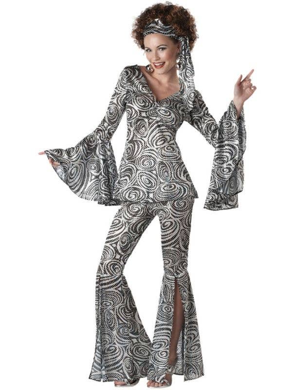 Foxy Lady Women's Silver and Black Sequined Disco Costume Main Image