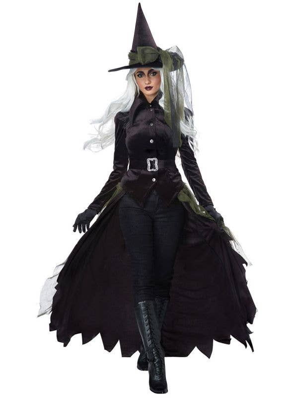 Women's Green Gothic Witch Halloween Fancy Dress Costume Main Image