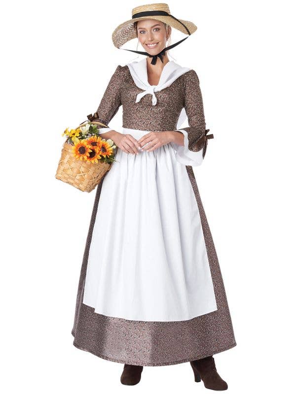 Women's Floral Brown American Colonial Costume - Front Image