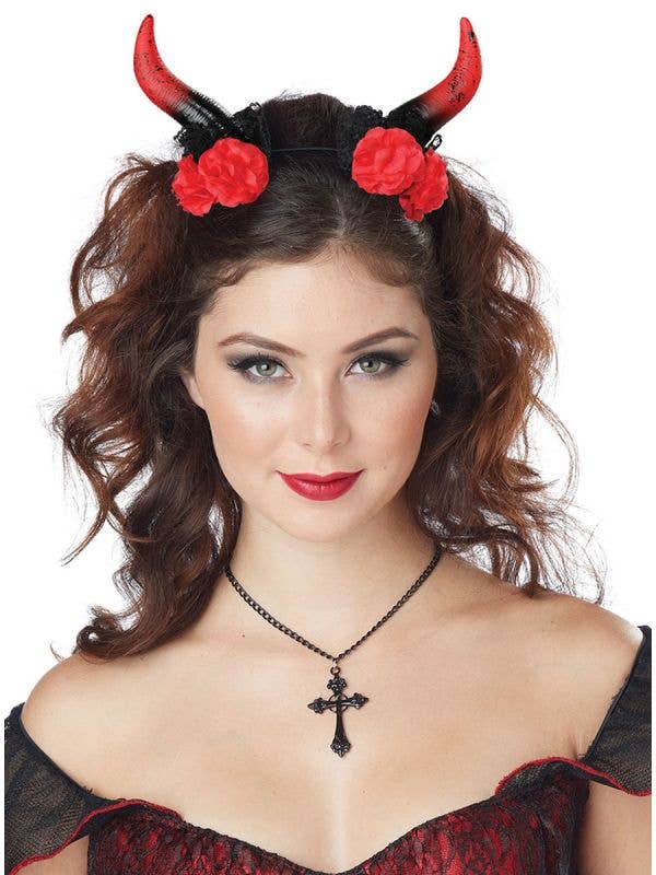 Women's Red Devil Horns With Flowers Main Image