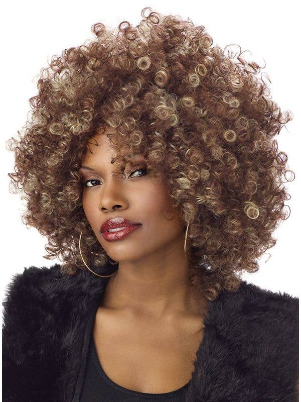 Curly Brown Afro Wig with Blonde Streaks