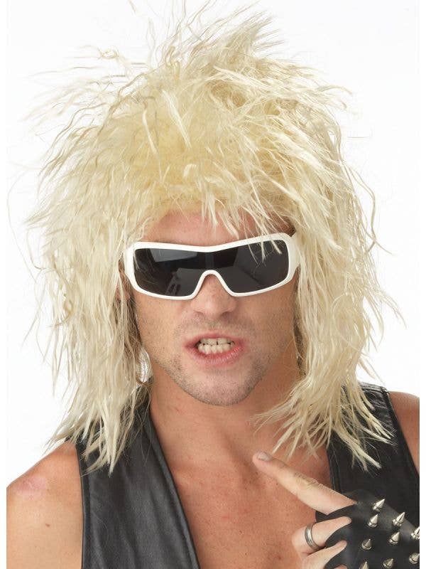 1980's Men's Rock Star Crimped Mullet 80s Costume Blonde Wig - Main Image
