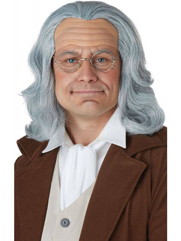Men's Mid Length Grey Benjamin Franklin Costume Wig with Bald Cap Front Main Image  