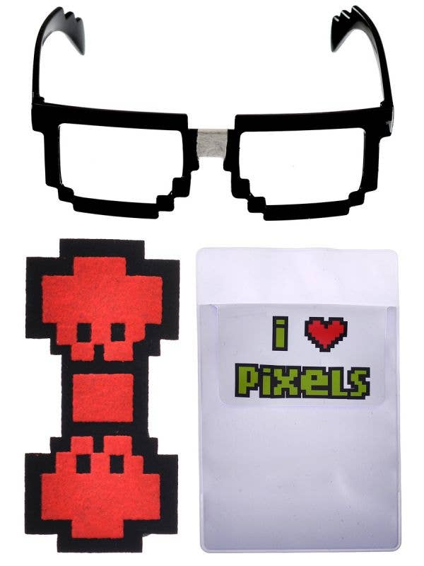Pixel 8 Glasses Pocket Pencil Case and Bow Tie Pixelate Nerd Costume Accessory Kit - Main Image