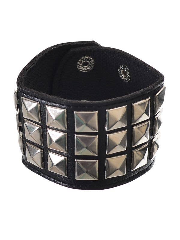 Punk Silver Square Studded Wrist Cuff On Black Leather Band Costume Accessory - Main Image