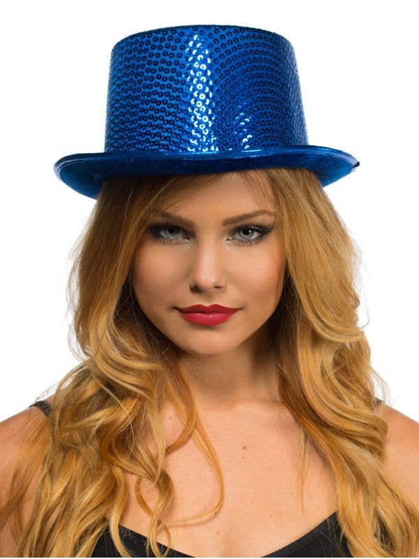 Blue Sequin Costume Top Hat for Adults - Main View