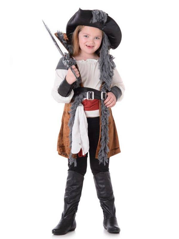 Brown Velvet Pirate Captain Costume for Girls - Main Image