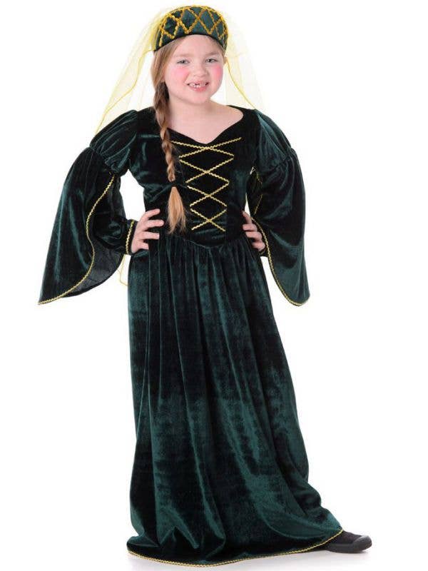 Green Velvet Tudor Queen Girl's Medieval Costume - Main Image
