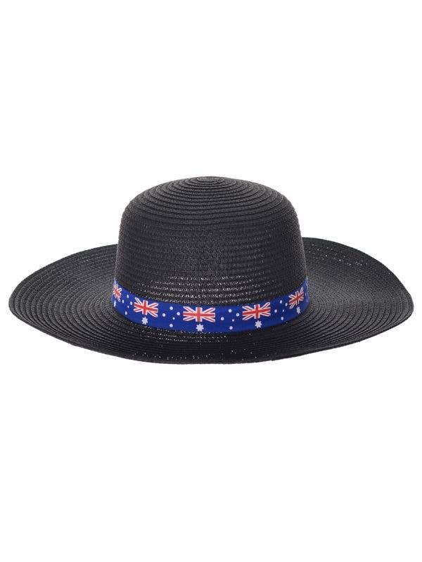 Wide Brimmed Black Straw Hat with Australian Flags on Hat Band Main Image