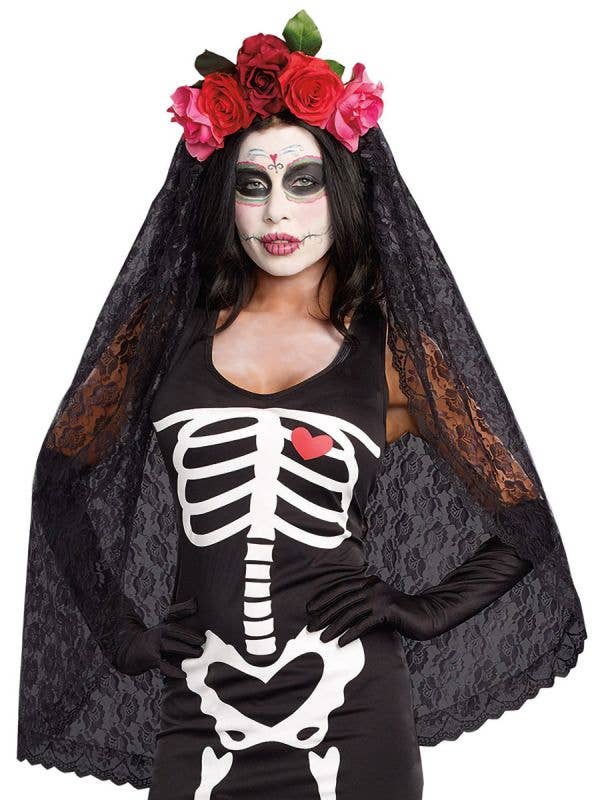 Women's Day of the Dead Black Lace Viel with Red Roses