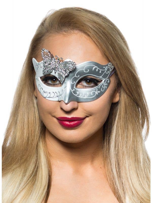 Silver And White Glitter Butterfly Masquerade Ball Mask - Main Image