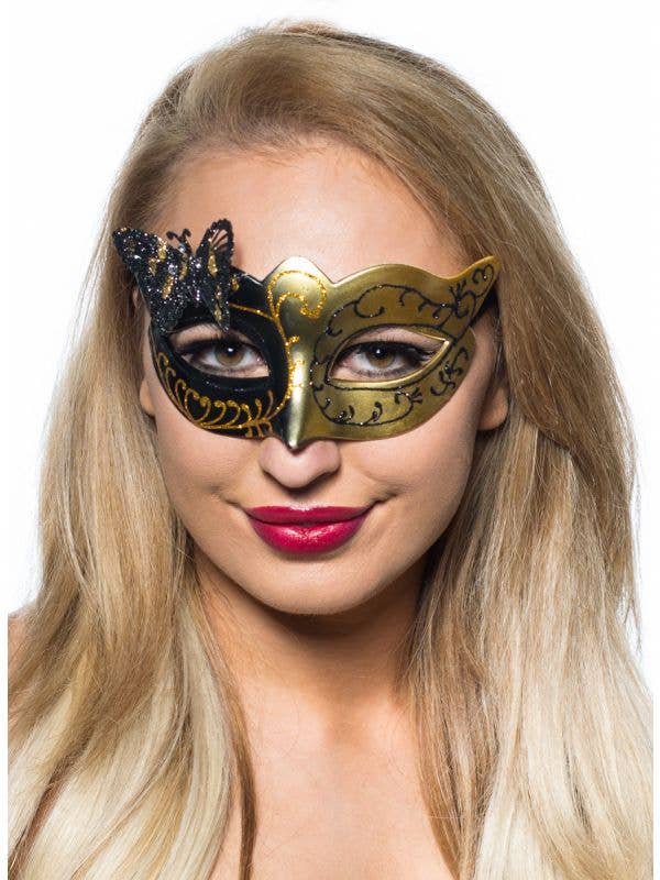 Womens Black and Gold Butterfly Masquerade Mask - Main Image