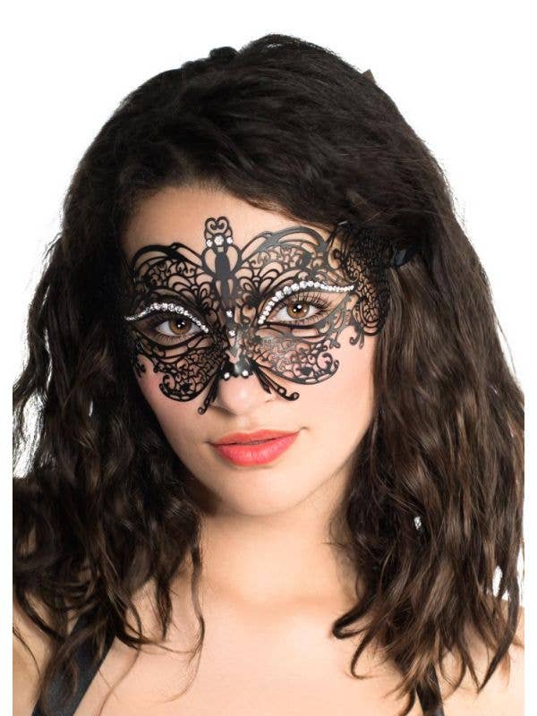 Princess Black Masquerade Women's Mask With Butterfly And Rhinestones Main Image