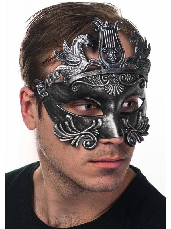 Men's Antique Pewter Centurian Ancient Roman Masquerade Mask - Side View