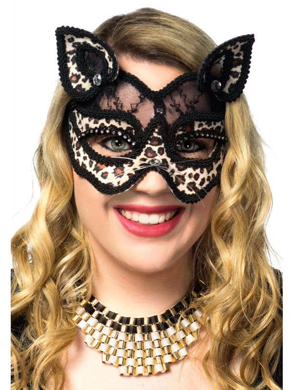 Black Lace and Leopard Print Velvet Cat Face Masquerade Mask View 2