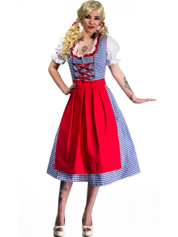 Blue and White Checkered Women's Long Oktoberfest Costume Front View
