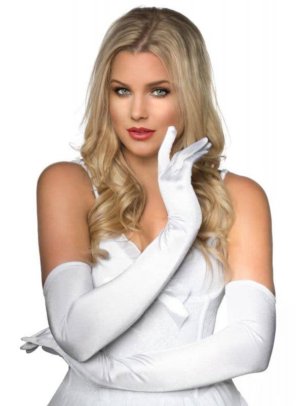White Elbow Length Women's Deluxe Satin Costume Gloves Main Image