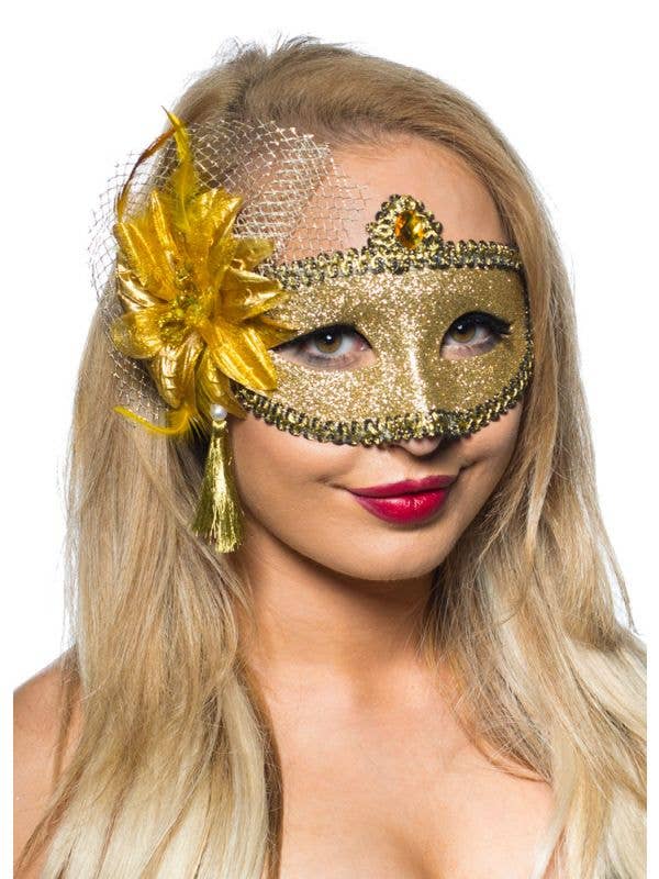 Womens Gold Glitter Mask with Flower Side Feather Costume Masquerade Mask - Main Image