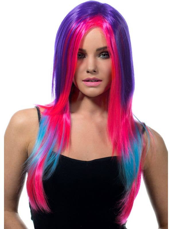 Image of Deluxe Long Purple Pink and Blue Women's Costume Wig - Front View