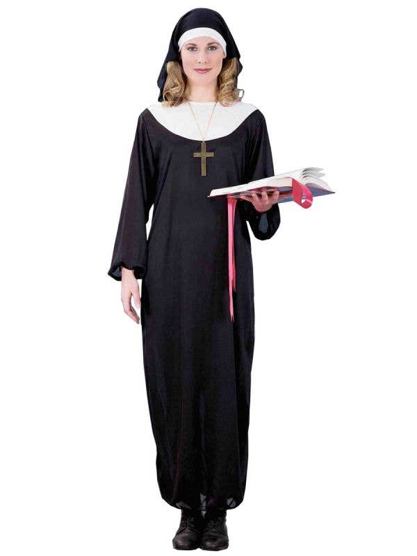 Holy Nun Women's Long Black Nun's Habit Costume Front View