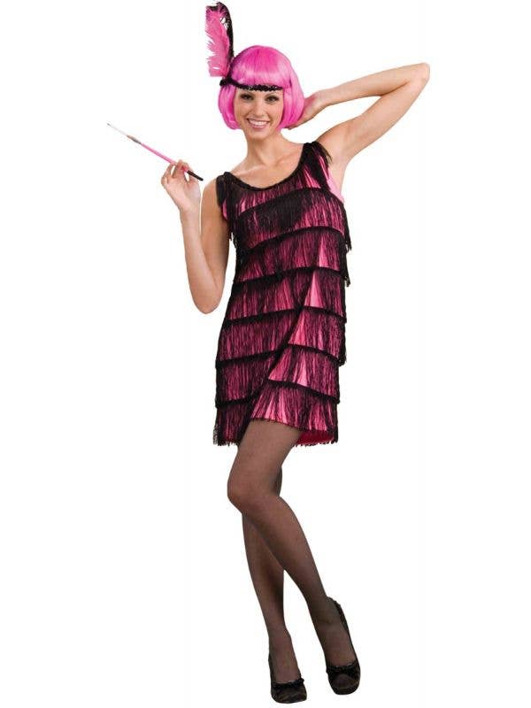 Jazzy Pink and Black Fringed 1920's Women's Flapper Dress Main Image