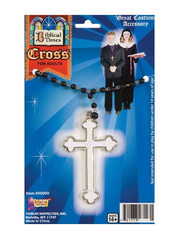 Religious Rosary Beads Costume Necklace with White and Silver Cross 