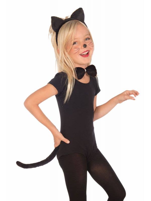 Girl's Black Cat Costume Accessory Set with Ears, Bow Tie and Tail