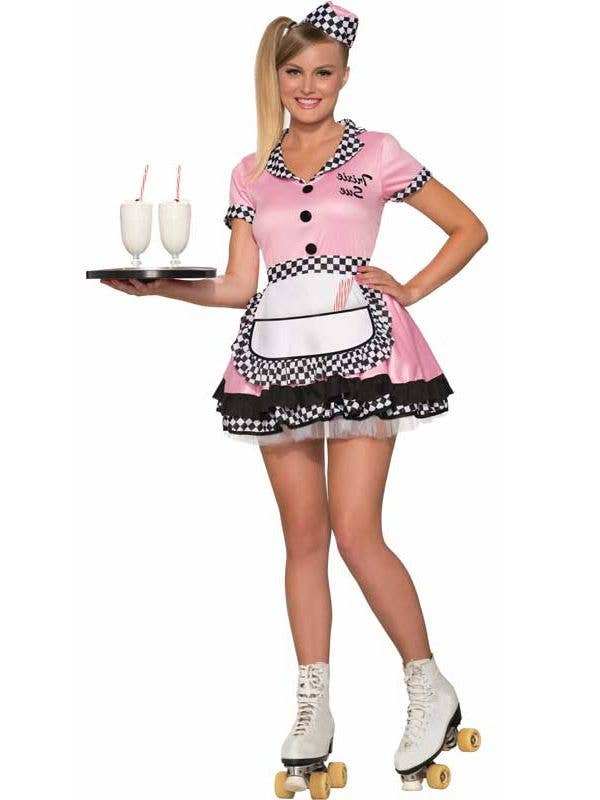Retro 1950's Women's Pink Roller Waitress Costume Front View